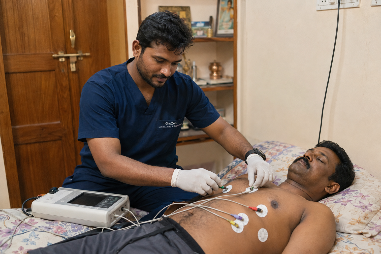 Quick 12-lead portable ECG conducted bedside with instant digital radiologist verification.