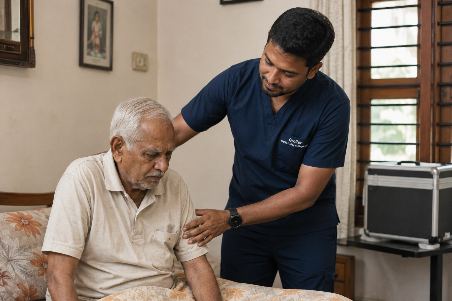 A GroZen technician helping an elderly patient at home