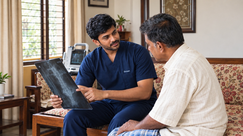 GroZen technician discussing X-ray results with a patient on a couch